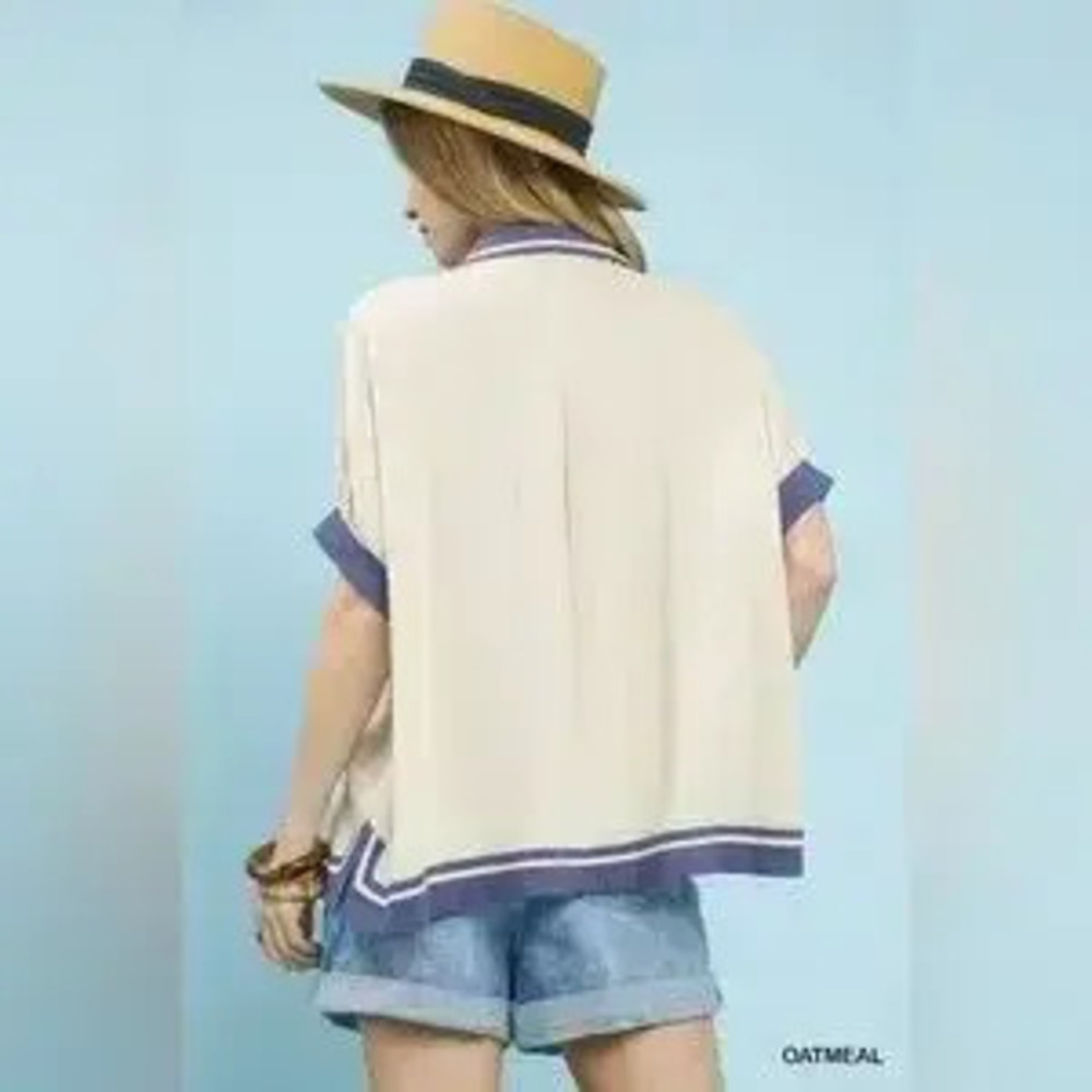 Umgee Linen Button Front Top with Contrast Piping - Picture 4 of 6